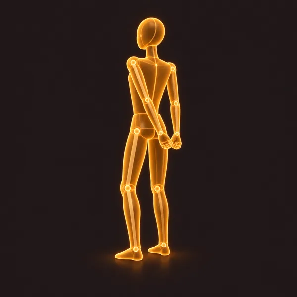 A glowing figure standing with both arms taken behind its back and its shoulders drawn down and back, opening the chest