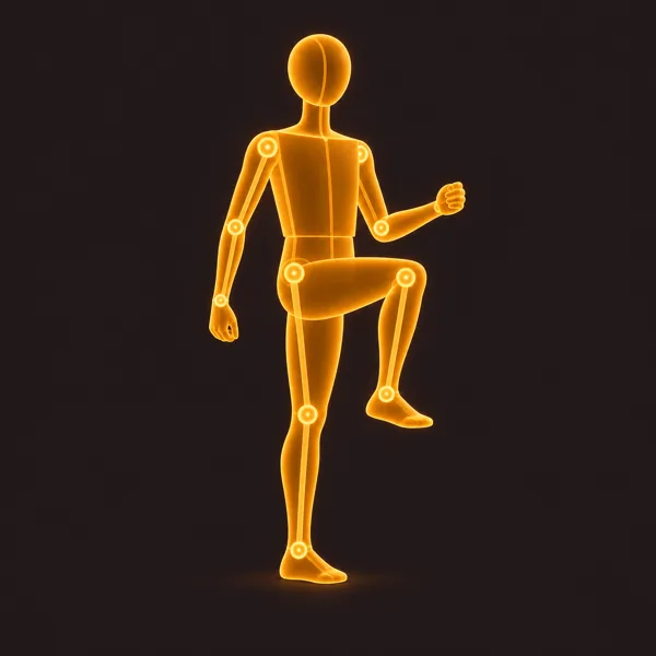 A glowing figure standing and marching in place with one knee lifted high