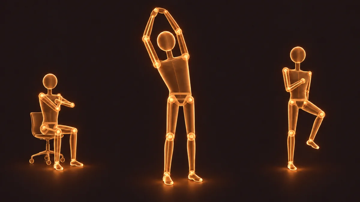 Three glowing figures doing Movement Breaks: a seated chair twist, a standing overhead reach, and a standing march