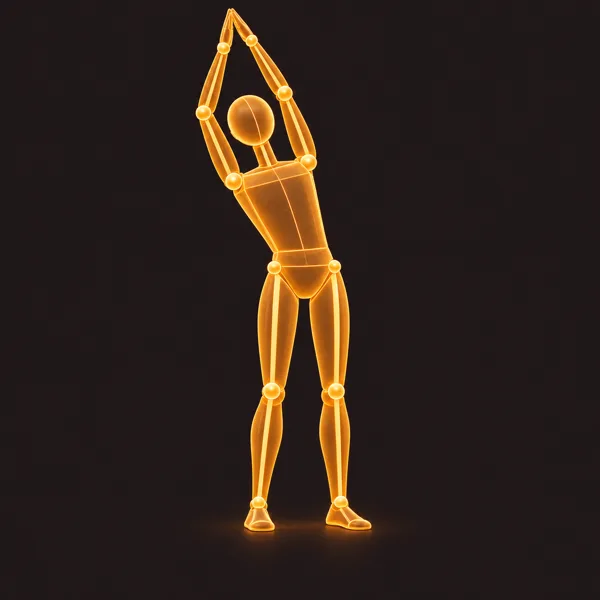 A glowing figure standing with both arms reaching overhead and the torso leaning to one side