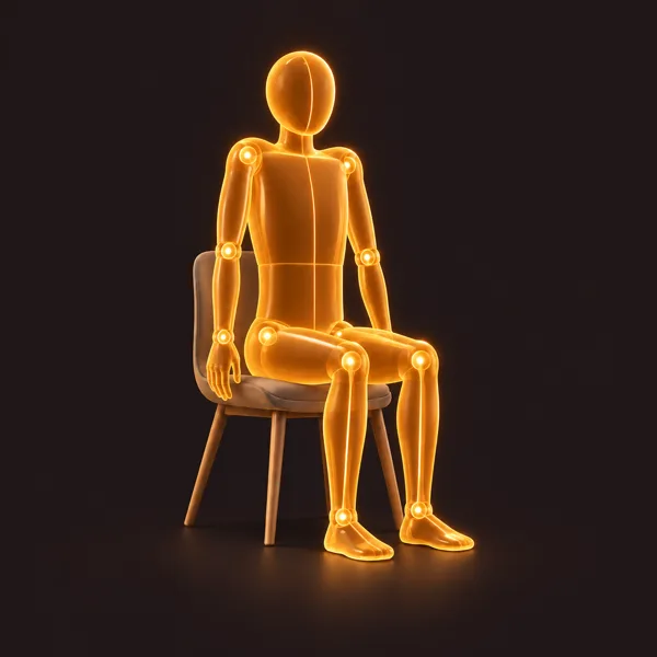 A glowing figure seated upright on a chair with its arms relaxed at its sides and its shoulders drawn up toward its ears, at the top of a shoulder roll