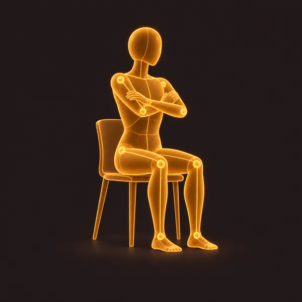 A glowing figure seated on a chair with its arms crossed over its chest and its upper body rotated to one side in a seated twist