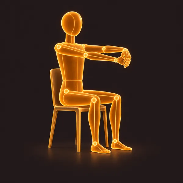 A glowing figure seated on a chair with both arms extended forward at chest height, one hand drawing the fingers of the other hand back toward the body