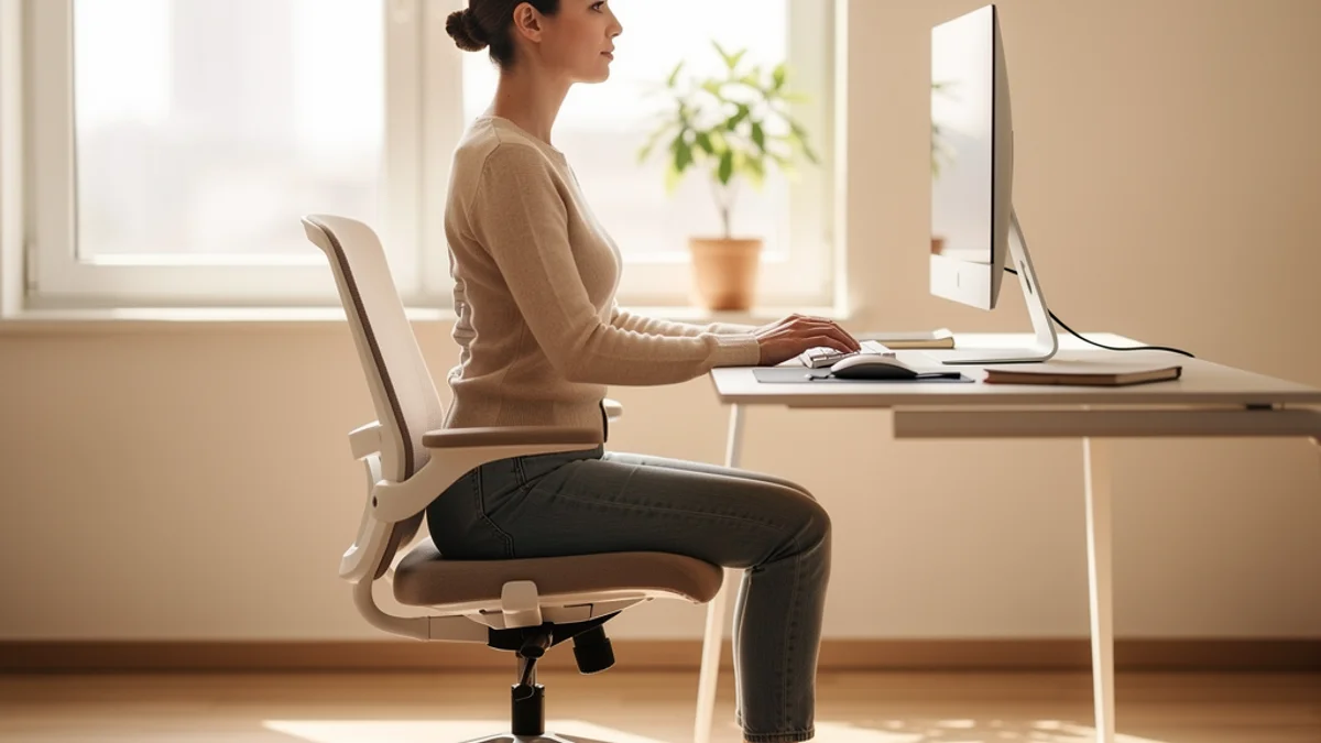 Side view of a person demonstrating correct sitting posture at a desk