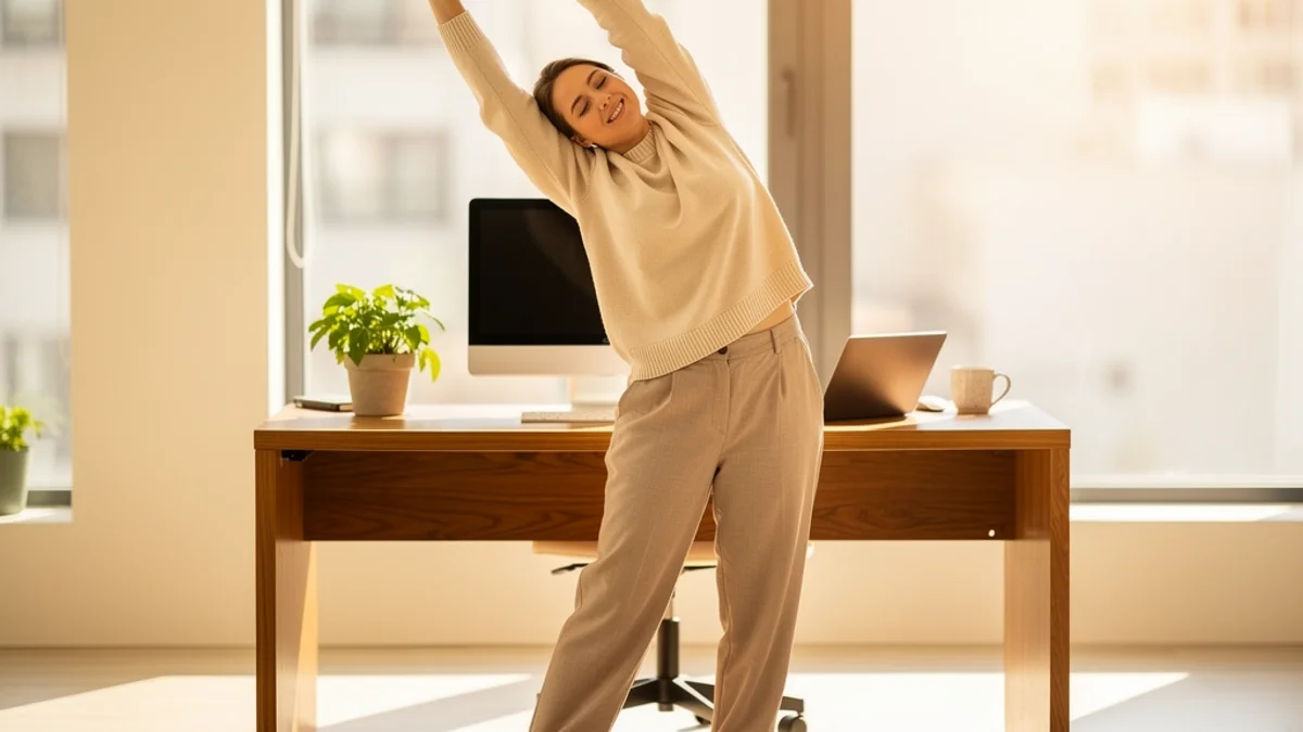Person doing a simple desk stretch exercise in a bright office