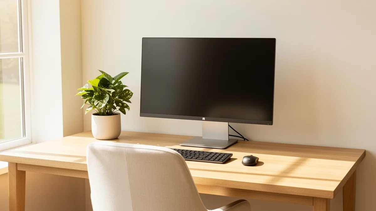 A well-organised desk workspace with monitor at eye level and ergonomic chair