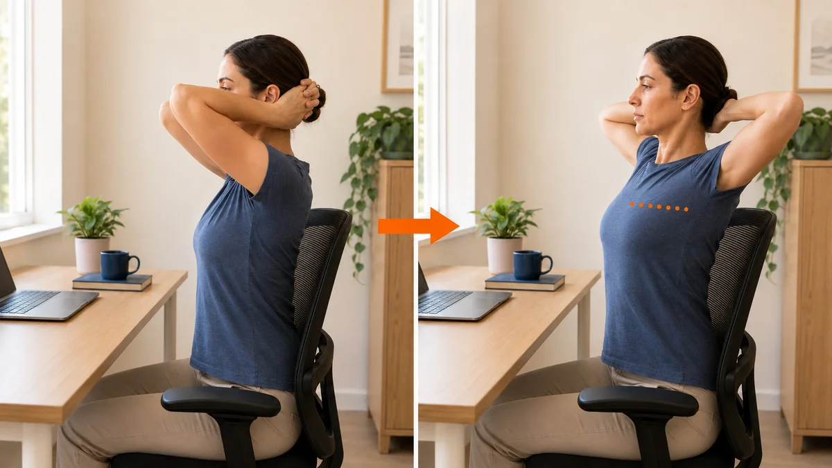 Two frames side by side showing a seated chest opener: on the left a woman sits with hands clasped behind her head and elbows drawn forward, on the right her elbows are opened wide and back with her chest lifted