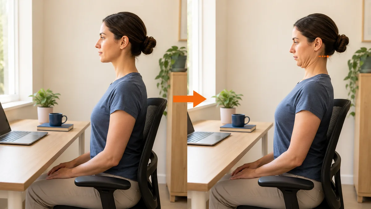 Two frames side by side showing a seated chin tuck: on the left a woman sits with her head in a neutral position, on the right she has drawn her chin straight back toward her throat without tipping her head down
