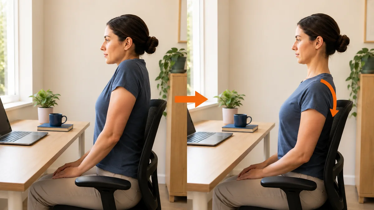 Two frames side by side showing a seated shoulder roll: on the left a woman sits upright at her desk, on the right an arrow traces her shoulder rolling backward and down