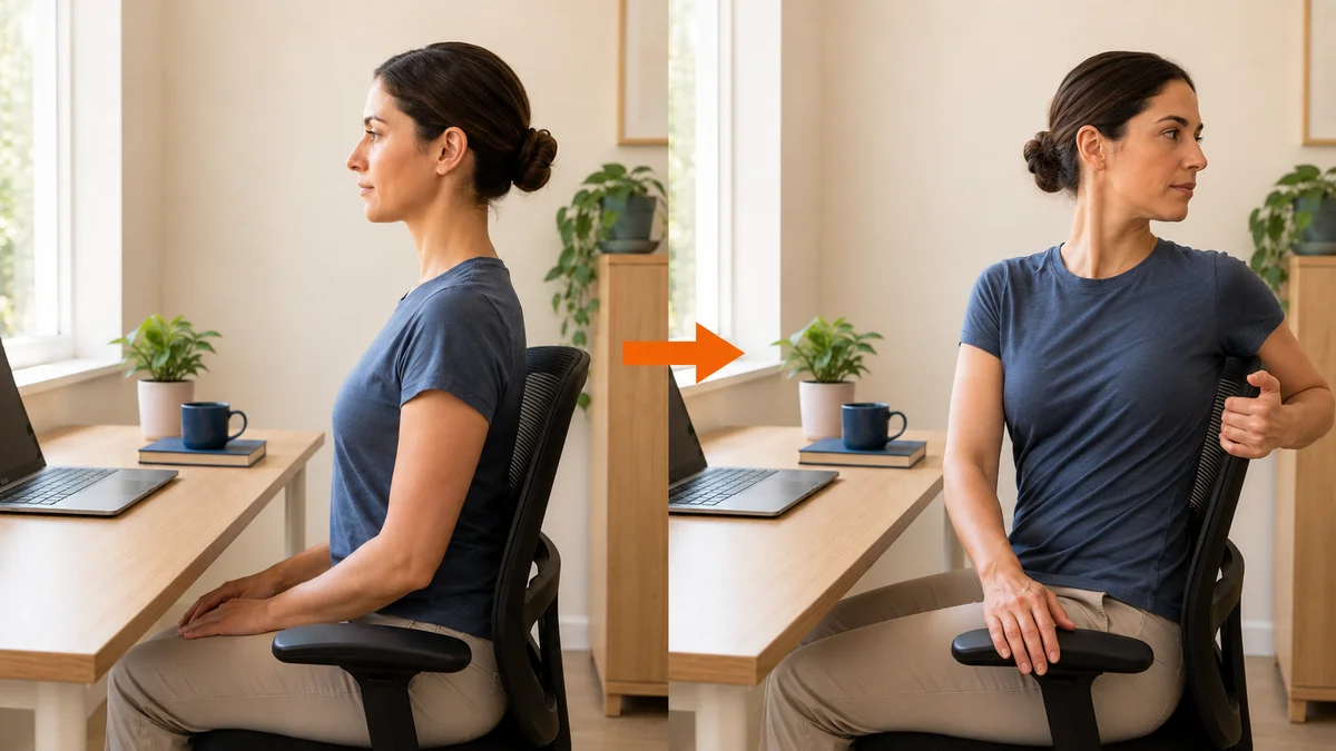 Two frames side by side showing a seated spinal twist: on the left a woman sits square to her desk, on the right her torso is rotated to one side with a hand on the chair back and both hips still planted on the seat
