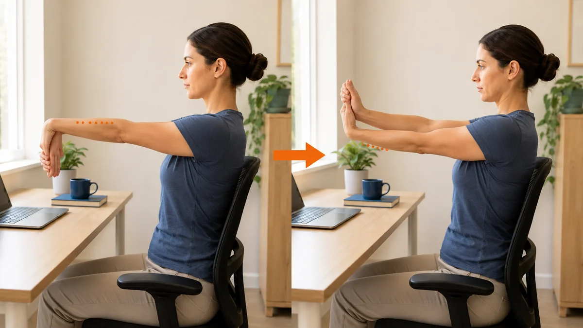 Two frames side by side showing a seated wrist and forearm stretch: on the left a woman extends one arm with the fingers pointing down while her other hand pulls the back of the hand toward her, on the right the same arm has the fingers pointing up as her other hand pulls them back
