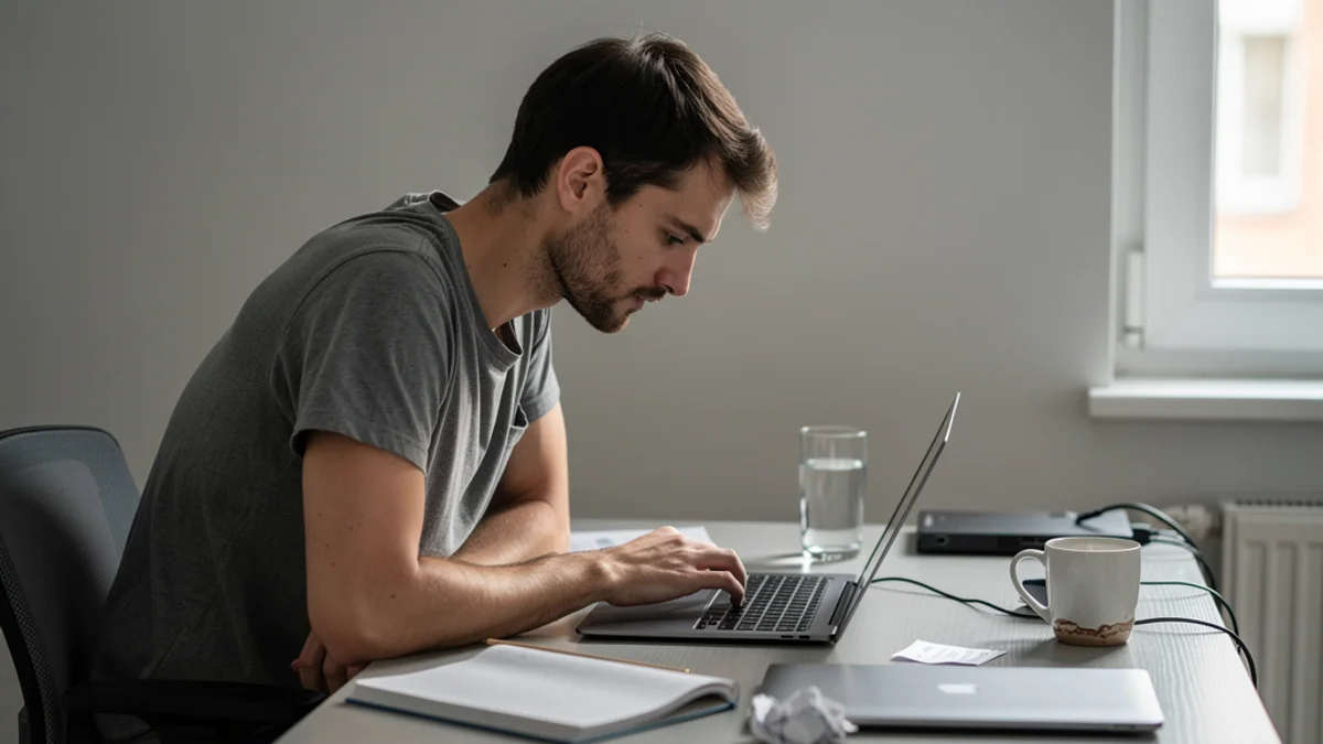 Side view of a person craning their head forward to look at a laptop placed flat on the desk - the geometry that produces forward head posture