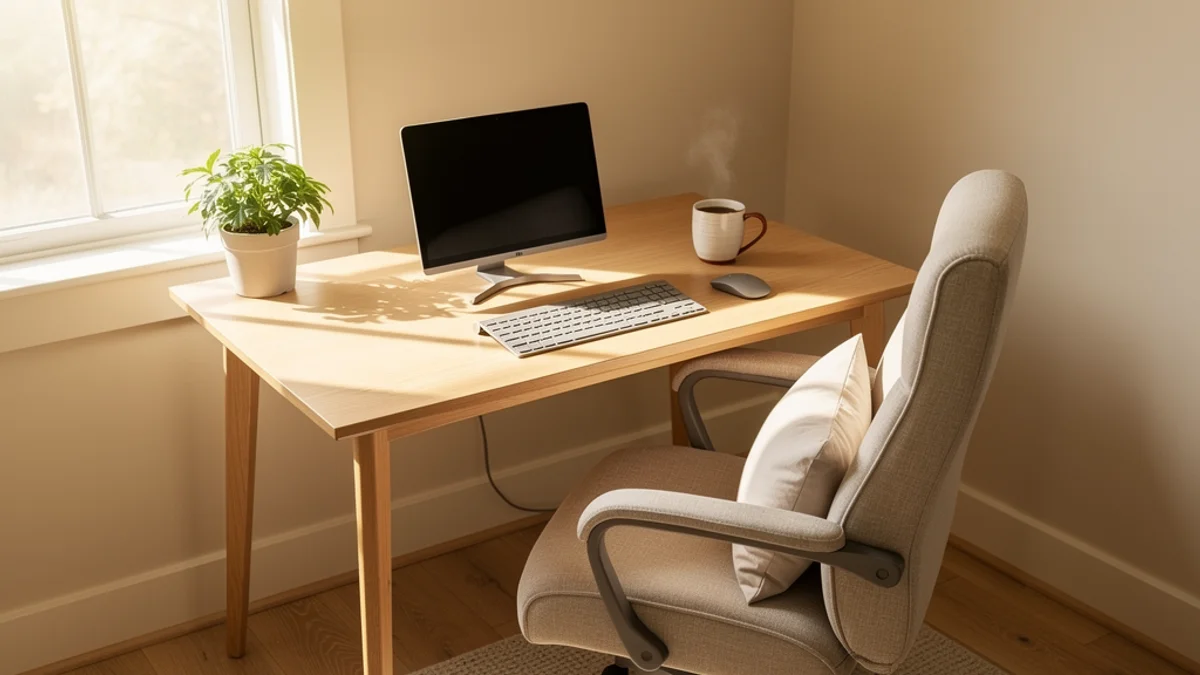 A comfortable home office setup with natural lighting and ergonomic furniture