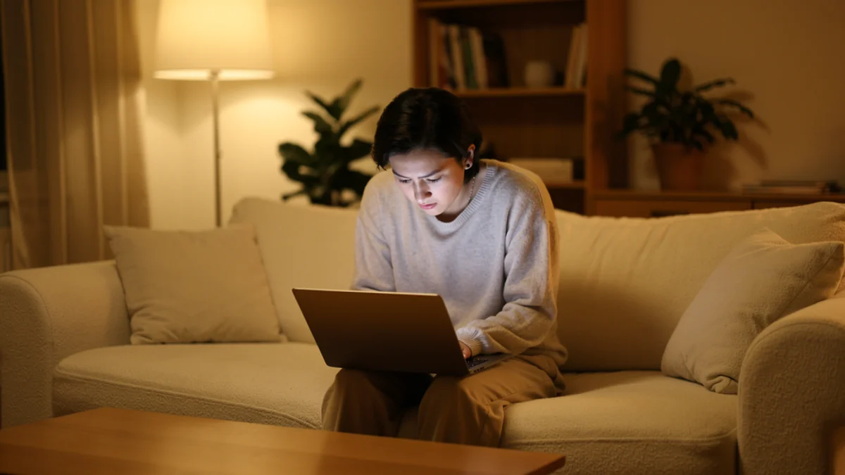 Person hunched over a laptop on a couch with poor posture