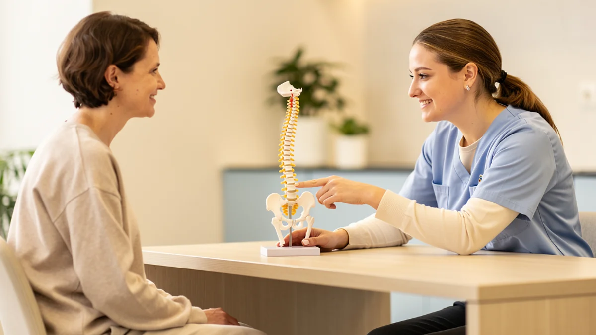 Physiotherapist consulting with a patient about back pain in a bright clinic
