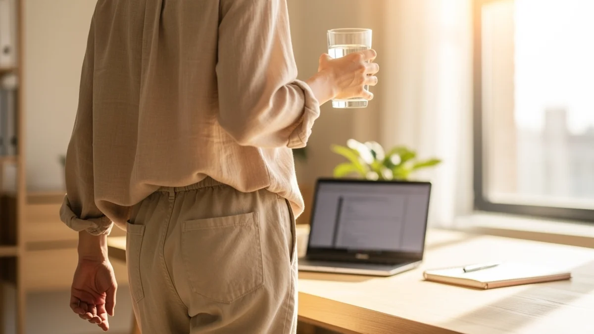 Person walking away from their desk during a movement break with a glass of water