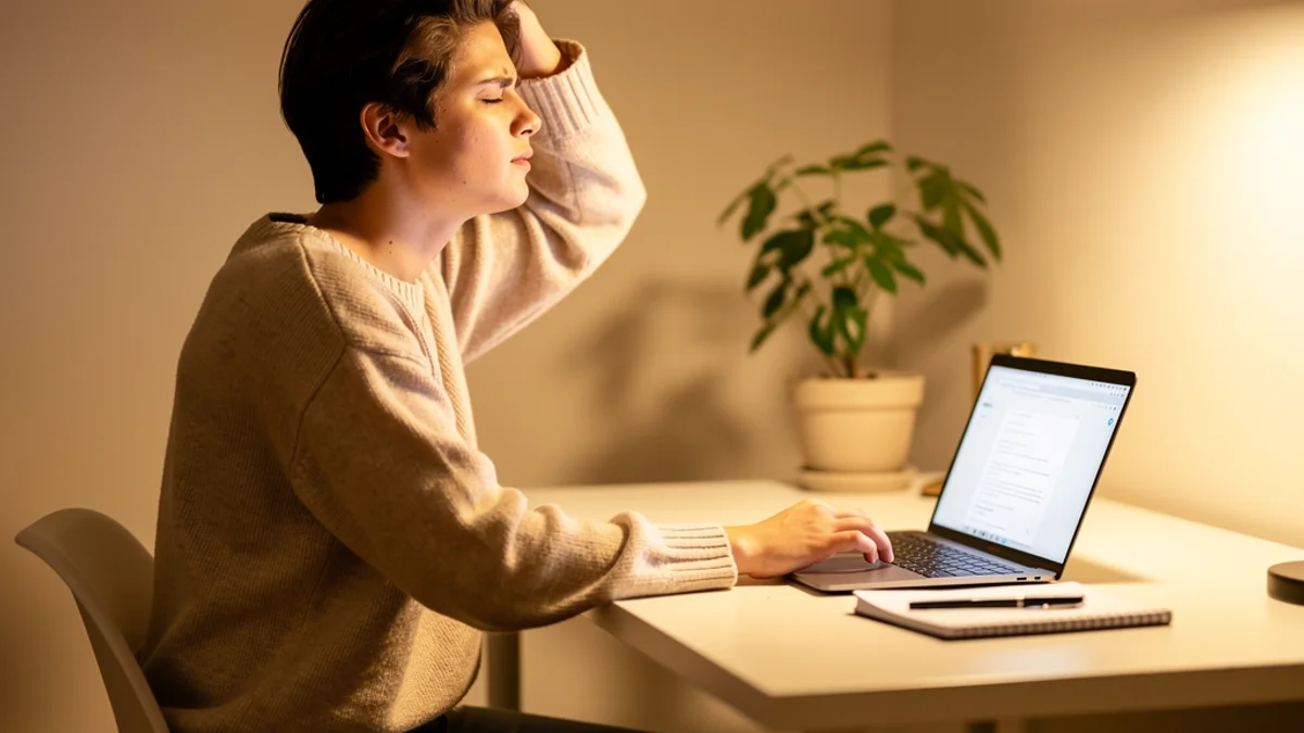 Person rubbing their neck and shoulders while sitting at a desk