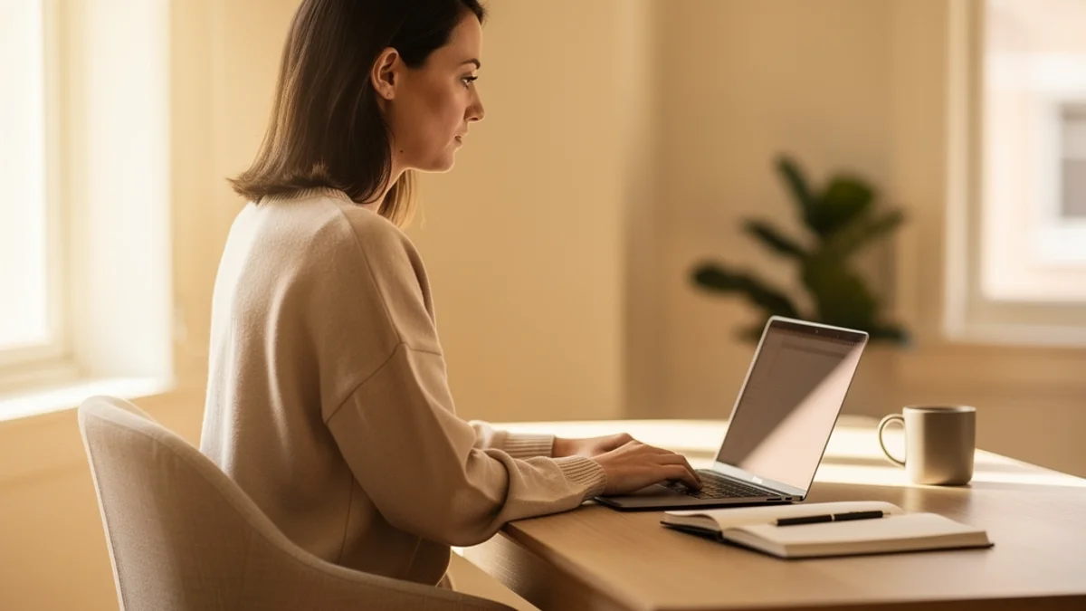 Person sitting with good posture at their desk, looking focused and comfortable
