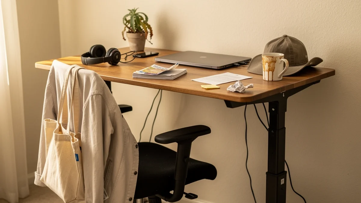 A height-adjustable standing desk raised to standing position but clearly unused for work, with a jacket, tote bag, hat and headphones piled on the desktop instead of a laptop being used