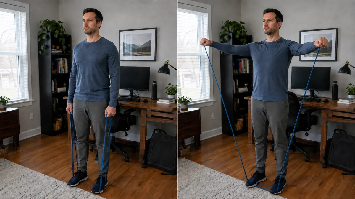 Two frames side by side showing banded shoulder raises: on the left a man stands on the middle of an elastic band with his arms down at his sides, on the right he has raised both arms out and slightly forward to shoulder height against the band's resistance