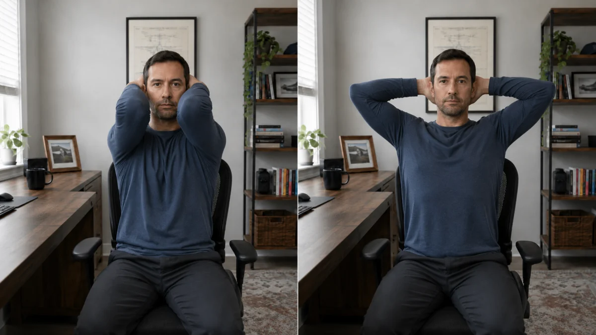 Two frames side by side showing a seated chest opener: on the left a man sits at his desk with his hands clasped behind his head and his elbows drawn forward, on the right his elbows are opened wide and drawn back with his chest lifted and his head still level