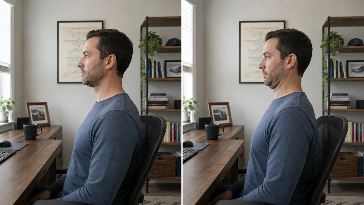 Two frames side by side showing a seated chin tuck: on the left a man sits at his desk with his head in a neutral position, on the right he has drawn his chin straight back toward his throat with his eyes still level and his head not tipped down