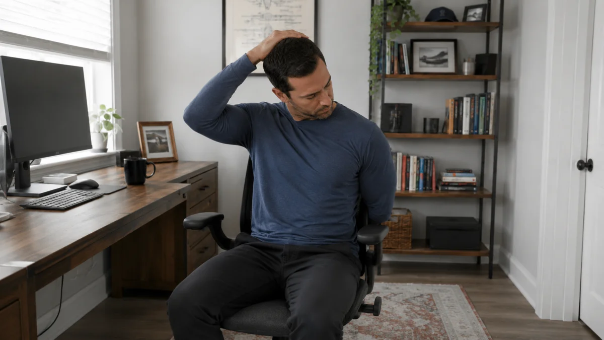A man sitting in an office chair with his head rotated about forty-five degrees and his nose dropped down toward his armpit, one hand on the back of his head applying gentle pull