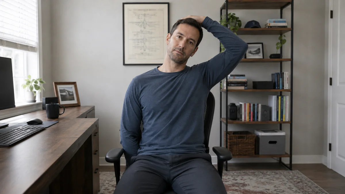 A man sitting tall in an office chair tipping his left ear toward his left shoulder, his left hand resting on the side of his head for gentle extra pull while his opposite shoulder stays anchored low