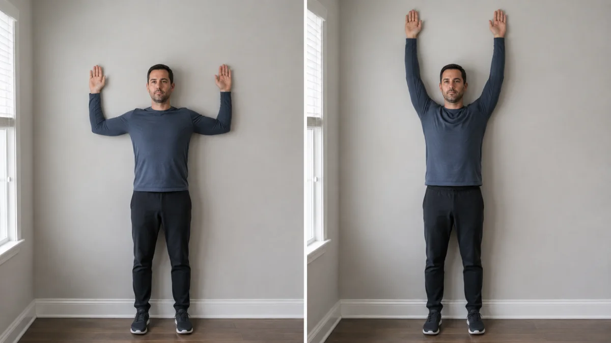 Two frames side by side showing wall angels: on the left a man stands with his back flat to a wall and his arms in a goalpost shape touching it, on the right he has slid the same arms up overhead while keeping contact with the wall