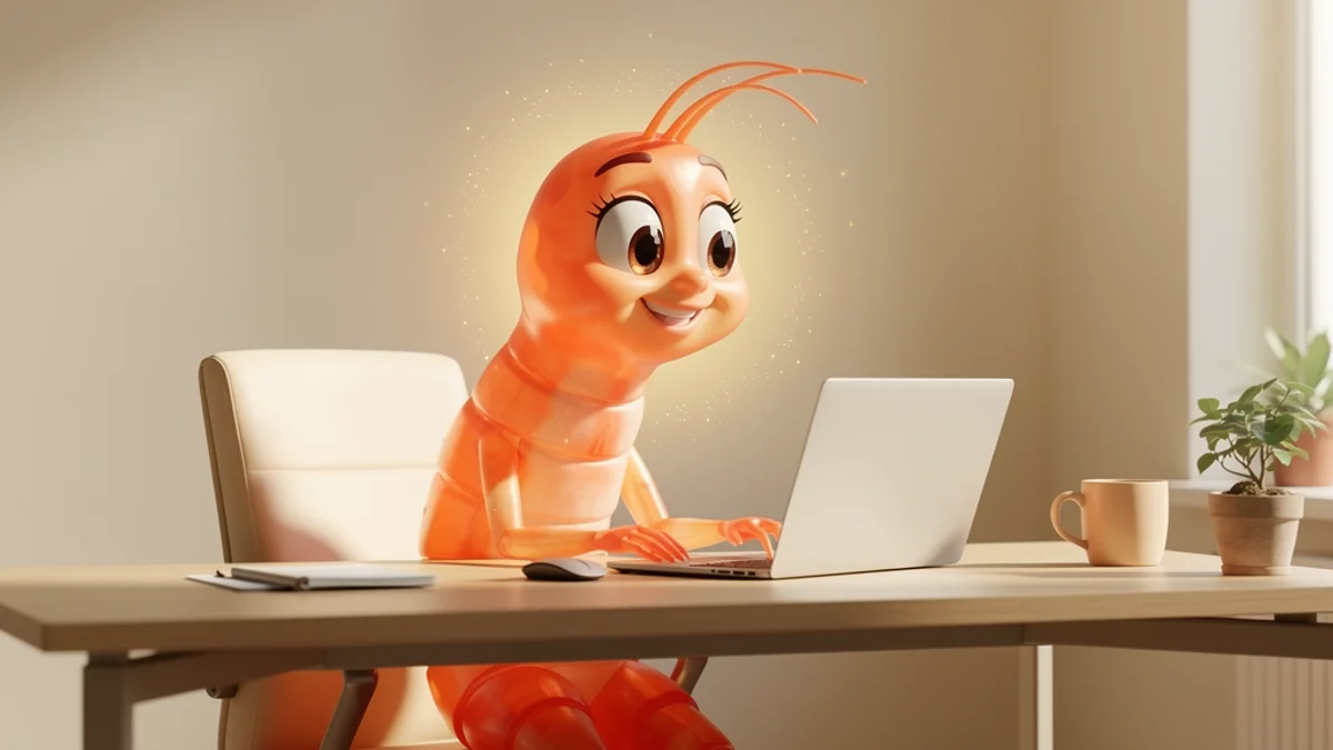 A shrimp with perfect posture at a desk