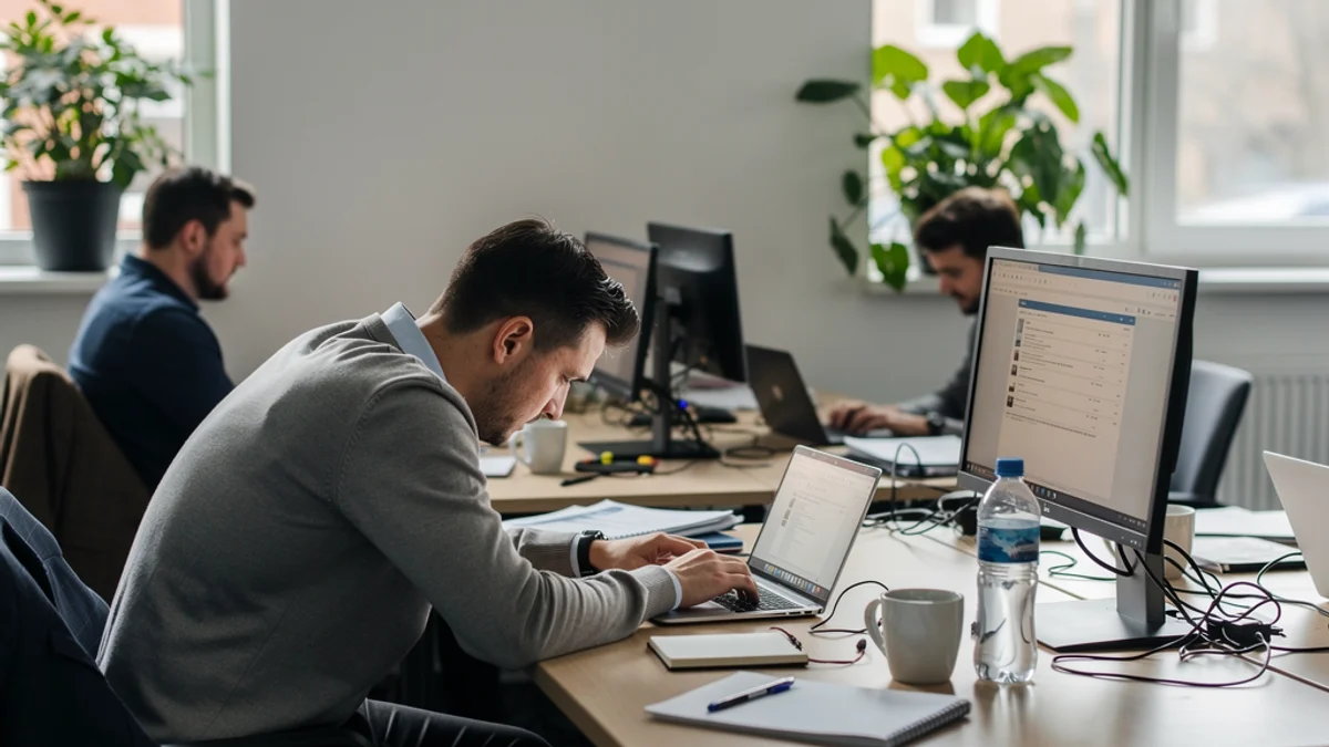 Several colleagues working at a shared office desk, with the person in the foreground slouched forward over a laptop while a colleague behind sits more upright at a raised external monitor